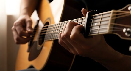Fototapeta premium Close-up photos of a person playing an acoustic guitar with a capo on the neck