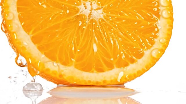 A vibrant, juicy orange slice with refreshing water droplets dripping on