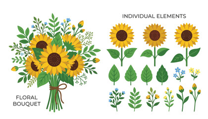 Obraz premium Vibrant Sunflower Bouquet with Assorted Blossoms and Separate Botanical Elements Vector Set