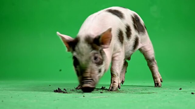 A cute spotted piglet with pink and black markings sniffs the ground on a vibrant green screen studio background.