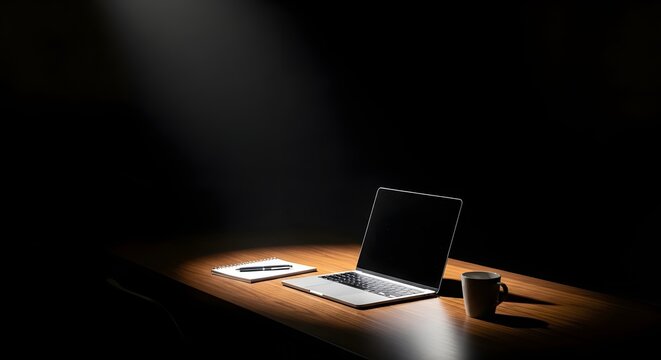Laptop on wooden desk in spotlight with notepad and coffee mug