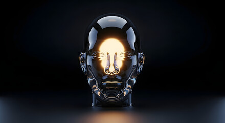 Striking 3D render of a luminous transparent human head, radiating inner light and symbolizing profound thought, brilliant ideas, and the essence of human intellect