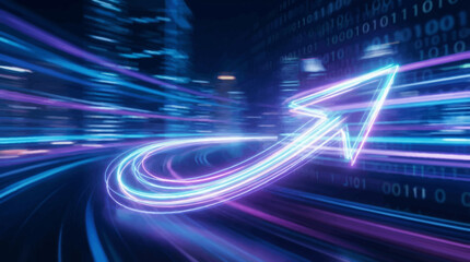 Neon arrow on a digital highway with binary code background. © Abhinaya Project