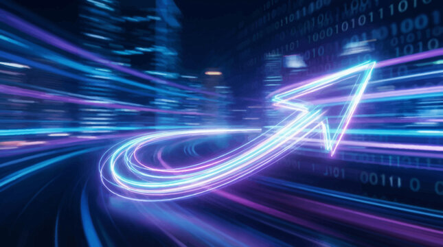 Neon arrow on a digital highway with binary code background.