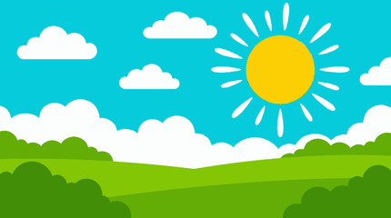 Fototapeta premium A bright sunny day over a green landscape with fluffy white clouds.