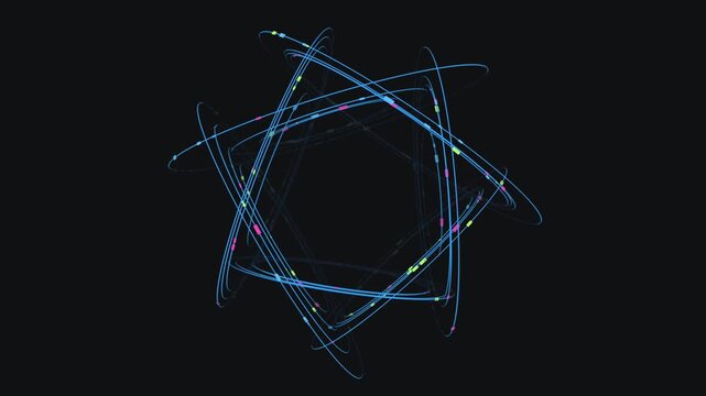 A complex, glowing star-shaped structure composed of rotating blue orbits. The rings are accented with vibrant colored data points that pulse and travel along the perimeter of the star.