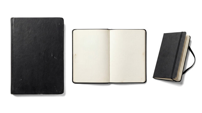three black notebooks arranged on a transparent background, with one open to blank pages.