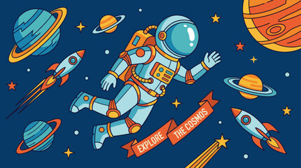 Astronaut floating in space with planets and rockets around. © Abhinaya Project