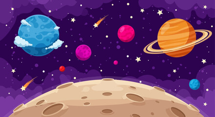 Colorful Cartoon Illustration of Planets and Stars in Outer Space. © Abhinaya Project