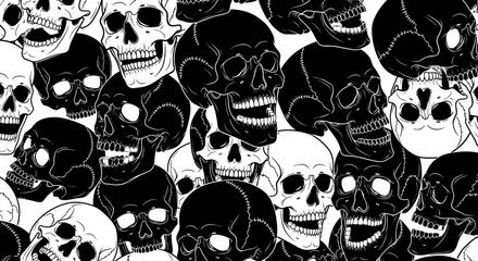 Black and white illustration of various skulls in different poses and sizes.