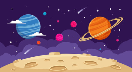 Colorful cartoon illustration of planets and stars in outer space. © Abhinaya Project