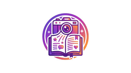 Creative flat icon symbolizing digital storytelling with a vintage camera, an open book, and sparkling elements, representing narrative creation.