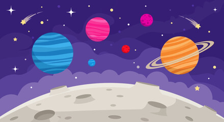 Colorful Cartoon Illustration of Planets and Stars in Space. © Abhinaya Project