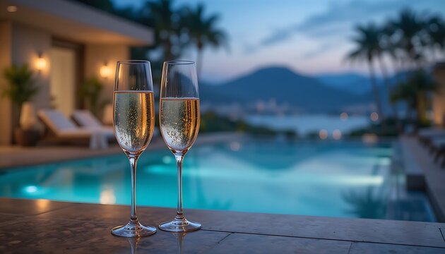  Elegant champagne flutes filled with a light-colored sparkling wine on a bar counter, with a blurred backdrop of a luxurious spa and tranquil pool. Ratio 16:9, tranquil, relaxing, serene.
