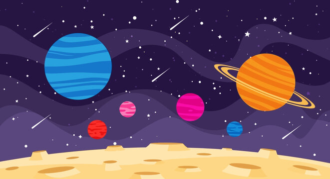 Colorful cartoon illustration of planets and stars in outer space.