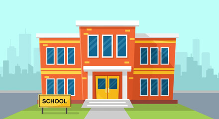 Naklejka premium Vibrant orange school building with yellow doors and sign.