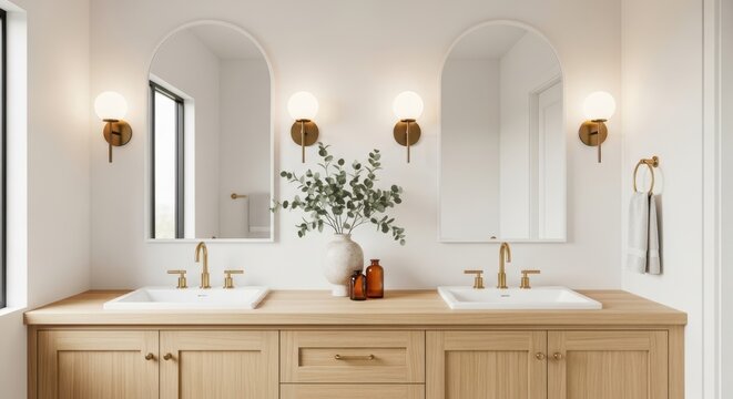 A modern bathroom with a double vanity and two sinks
