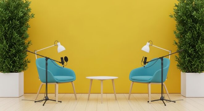 A yellow room with two blue chairs and lamps