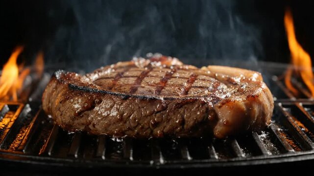 A thick ribeye steak sizzles with grill marks over an open flame on a dark grate, releasing visible steam upwards.