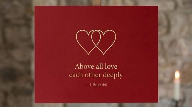 Minimal intertwined hearts symbol in gold line, matte red background, luxury Christian poster, Bible verse &ldquo;Above all love each other deeply &mdash; 1 Peter 4:8&rdquo;

