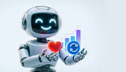 Cute 3D AI robot analyzing social media engagement with floating Like and Share icons.