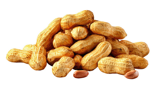 A pile of raw peanuts in their shells, scattered with a couple shelled peanuts