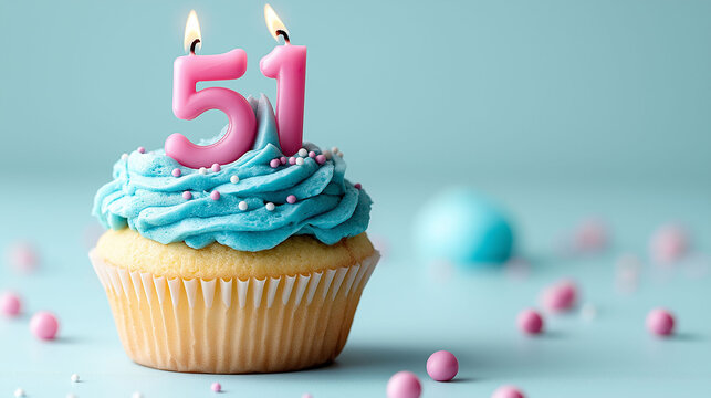 51st birthday or anniversary cupcake, with pink candles and blue frosting