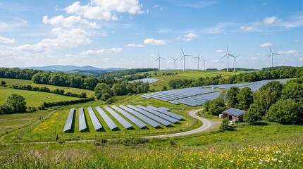 Renewable energy landscape with solar panels and wind turbines in a green valley under a blue sky with clouds © Hafiz