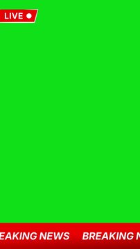 breaking news Green screen animation with red LIVE banner and scrolling ticker for broadcast overlays and media production vertical video
