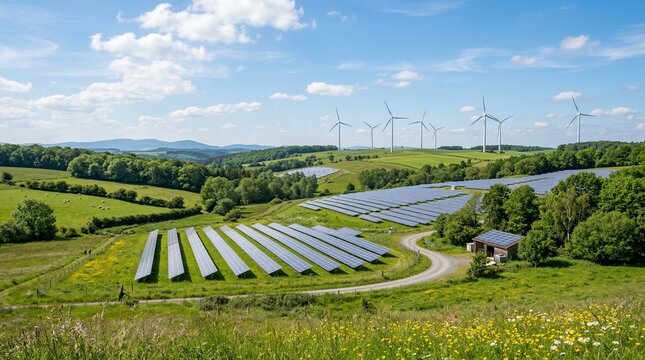 Renewable energy landscape with solar panels and wind turbines in a green valley under a blue sky with clouds