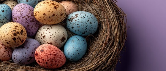 Obraz premium Colorful Quail Eggs in Nest: Vibrant Spring Easter Decoration on Purple Background