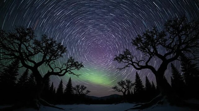 Silhouetted dark trees frame a vibrant aurora borealis dancing above star trails in a wide night panorama.