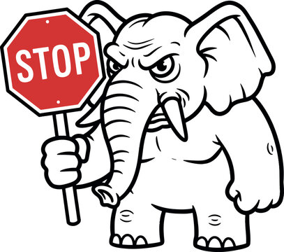 Cartoon Elephant Holding Stop Sign in Black and White Illustration
