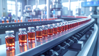 Fototapeta premium Pharmaceutical manufacturing line with conveyor carrying medical ampoules in a sterile modern factory, representing automated drug production. 