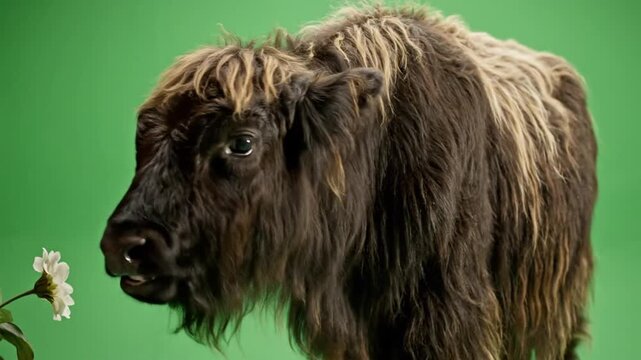 A musk ox with shaggy brown fur curiously sniffing a white flower against a vibrant green background, showcasing its gentle nature.