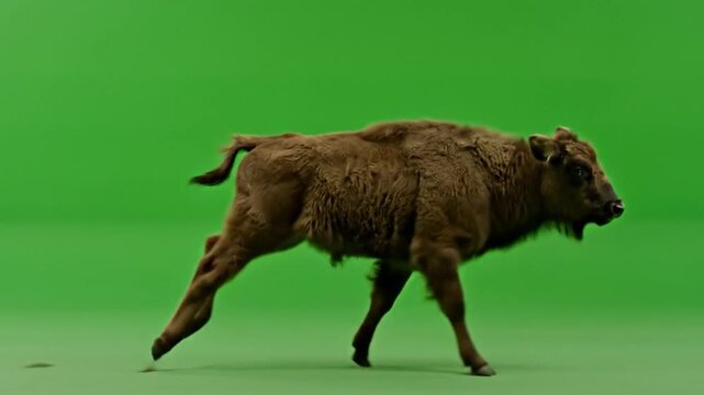 A young brown bison calf walking across a vibrant green screen background.