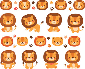 Naklejka premium Cute cartoon lion characters and faces set isolated on white background animal vector illustration collection