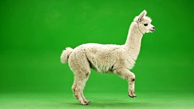 Cute white baby alpaca prancing playfully on a vibrant green screen background.