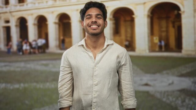 Man smiling with hands raised above head in historic building courtyard wearing linen shirt, posing in front of stone arcade; joy travel memory.