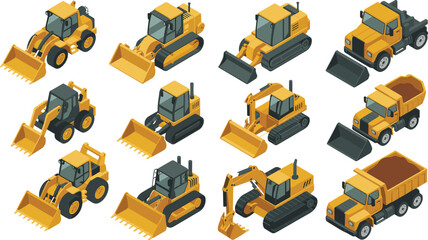 Isometric construction machinery set with excavator bulldozer wheel loader dump truck heavy equipment vehicles for engineering building industry vector © SreeRupali