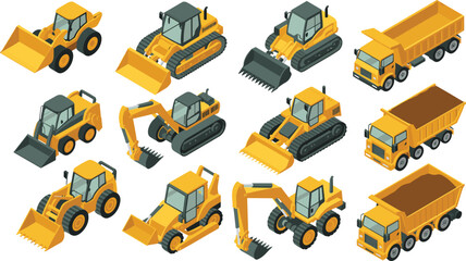 Isometric construction machinery vehicles set including excavator bulldozer loader dump truck heavy equipment collection industrial transport engineering vector illustration © SreeRupali