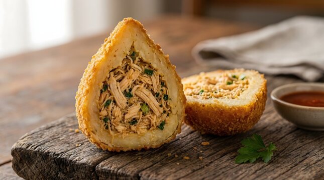 Coxinha de frango brasileira de lanchonete cortada ao meio mostrando o recheio de frango co cebolinha verde
