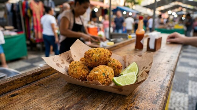 Bolinha de bacalhau frito sendo servido com rodelas de lim&atilde;o em feira