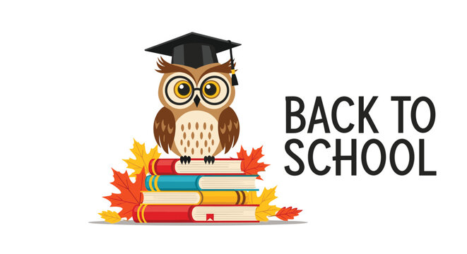 Clever "Back to School" illustration featuring a wise owl in a graduation cap, perched on a stack of colorful books with autumn leaves, symbolizing learning and knowledge.
