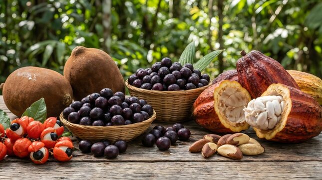 Brazilian tropical fruits on a rustic table, cacao, jabuticaba, guarana and cupua&ccedil;u, exotic Amazon fruits, fresh organic food, vibrant natural colors, healthy ingredients, close-up