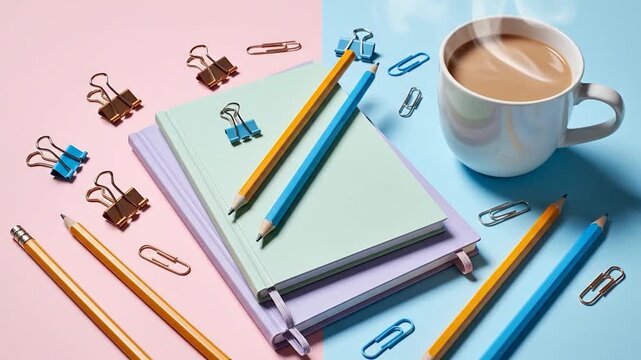 Colorful stationery and a steaming coffee mug arranged on a split pastel