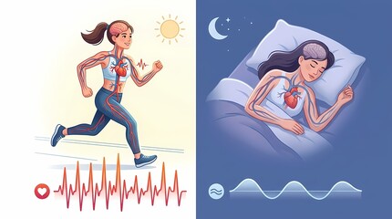 Scientific illustration showing how exercise and sleep affect brain activity heart health and blood circulation highlighting the connection between physical activity rest and human physiology