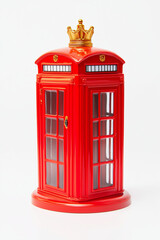 Obraz premium Red British telephone booth model with golden crown decoration