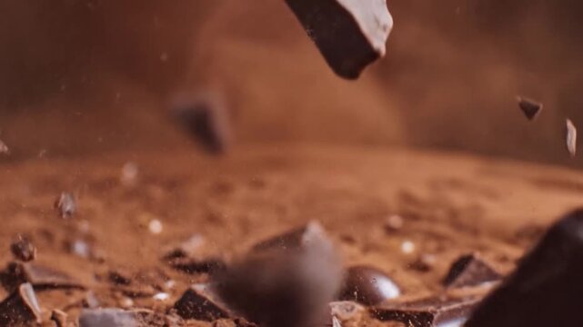 Delicious dark chocolate chunks falling into rich cocoa powder creating