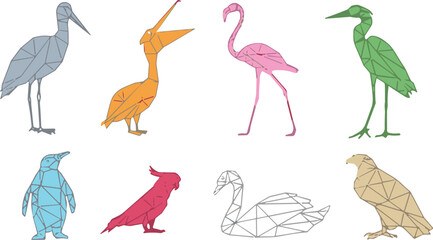 Polygonal birds, geometric vector, origami style, colorful clipart, avian design, artistic icon, wildlife graphic, modern motif, nature illustration, creative symbol